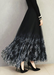 Gradient Color Black Print High Waist Tulle A Line Skirt Spring
