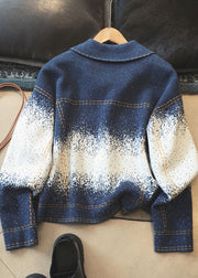 Gradient Color Blue Square Collar Button Wool Knit Coats Long Sleeve