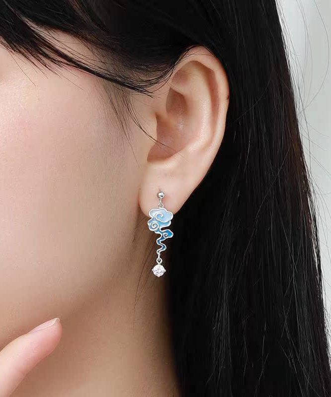 Gradient Color Blue Sterling Silver Asymmetricar Zircon Xiangyun Crane Tassel Drop Earrings