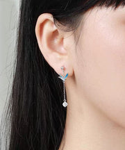 Gradient Color Blue Sterling Silver Asymmetricar Zircon Xiangyun Crane Tassel Drop Earrings