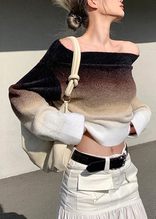 Gradient Color Brown Slash Neck Thick Knit Sweater Fall