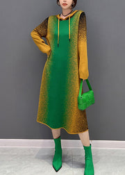Gradient Color Green Neck Tie Hooded Knit Long Dress Winter