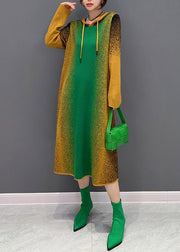 Gradient Color Green Neck Tie Hooded Knit Long Dress Winter