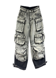 Gradient Color Grey Pockets Patchwork Straight Jeans Fall