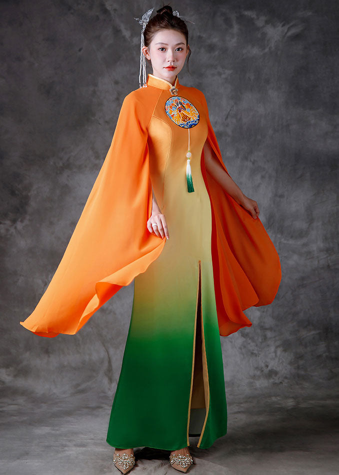 Gradient Color Orange Stand Collar Side Open Silk Fishtail Dresses Fall