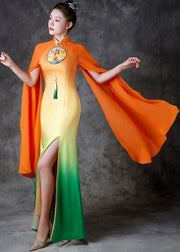 Gradient Color Orange Stand Collar Side Open Silk Fishtail Dresses Fall