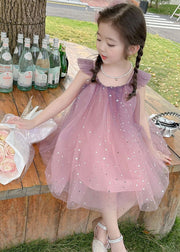 Gradient Color Pink O-Neck Sequins Tulle Girls Mid Dress Short Sleeve