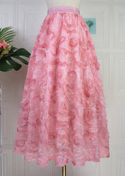 Gradient Color Pink Rose Embroidered Floral High Waist Tulle Maxi Skirt Spring