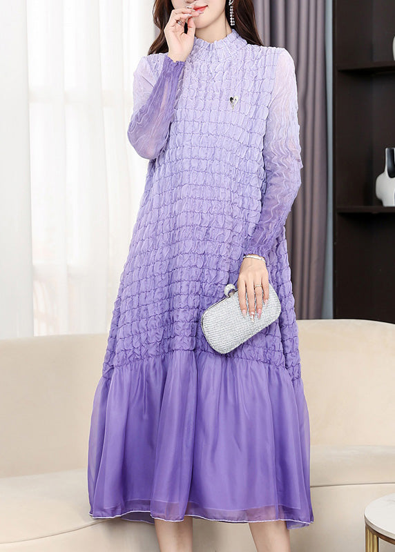 Gradient Color Pink Stand Collar Wrinkled Maxi Dress Long Sleeve
