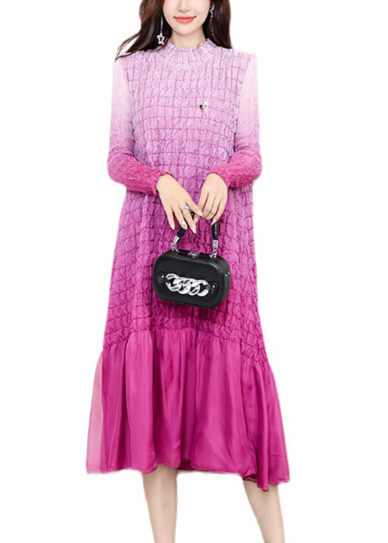 Gradient Color Pink Stand Collar Wrinkled Maxi Dress Long Sleeve