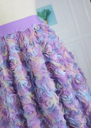 Gradient Color Purple Embroidered Floral Elastic Waist Tulle Maxi Skirt Long Sleeve