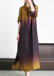 Gradient Color Purple Print Side Open Silk Maxi Dresses Summer