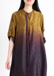 Gradient Color Purple Print Side Open Silk Maxi Dresses Summer