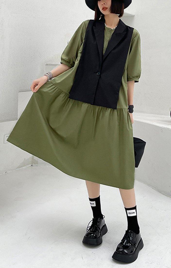 Grass Green Detachable Vest Dress Two Piece Suit - SooLinen