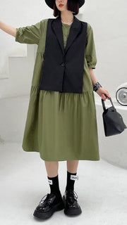 Grass Green Detachable Vest Dress Two Piece Suit - SooLinen