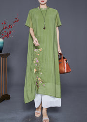 Grass Green Linen Silk Holiday Dress Embroidered Mandarin Collar Summer
