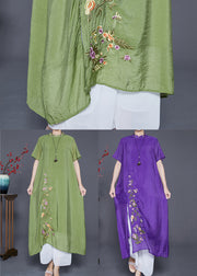 Grass Green Linen Silk Holiday Dress Embroidered Mandarin Collar Summer
