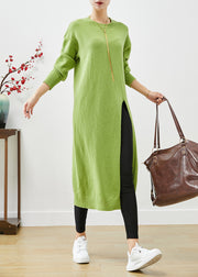 Grass Green Oversized Knit Sweater Dress Side Open Fall
