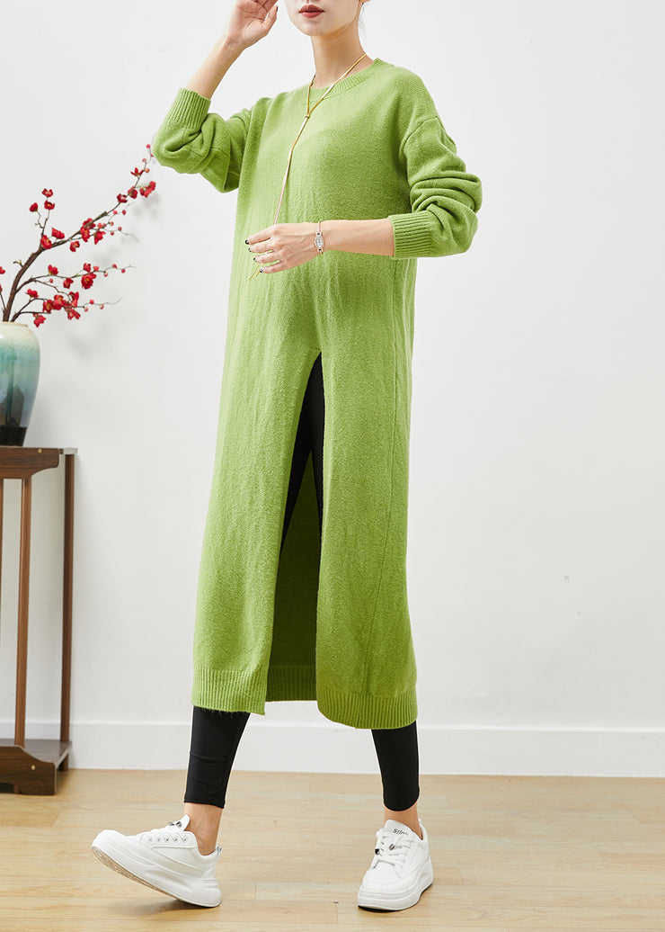 Grass Green Oversized Knit Sweater Dress Side Open Fall