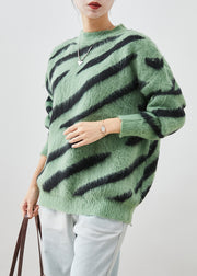 Grass Green Thick Knitted Tops Oversized Zebra Pattern Print Fall