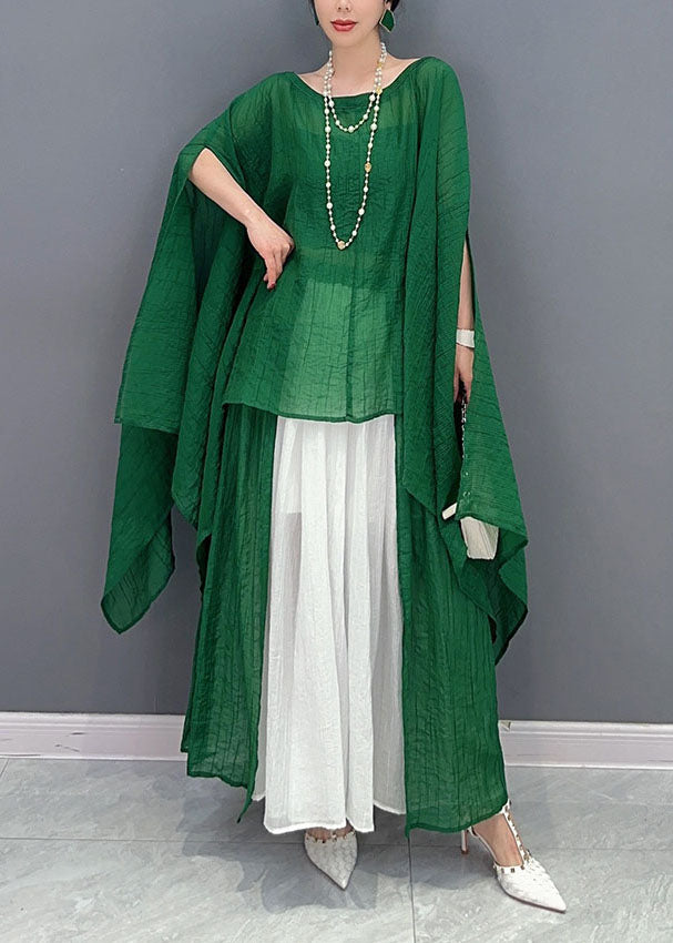 Green Asymmetrical Design Cotton Two Pieces Set Oversized Batwing Sleeve