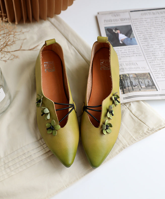 Green Asymmetrical Floral Flat Shoes Pointed Toe Cowhide Leather Flat Shoes For Women