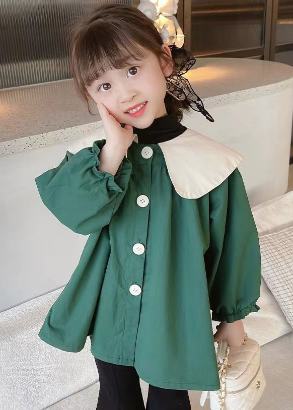 Green Button Cotton Girls Coats Peter Pan Collar Long Sleeve