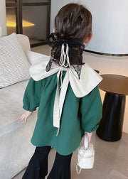 Green Button Cotton Girls Coats Peter Pan Collar Long Sleeve