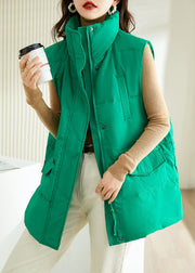 Green Button Pockets Cotton Filled Waistcoat Stand Collar Winter