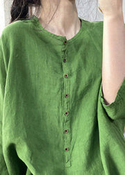 Green Button Side Open Linen Top Three Quarter Sleeve