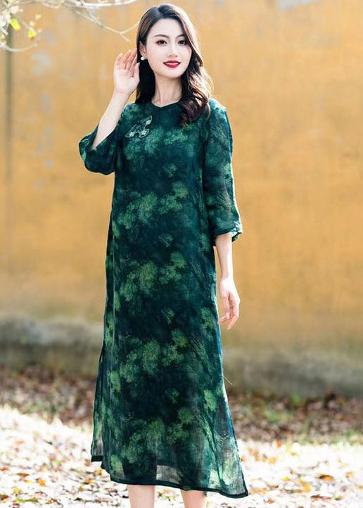 Green Chinese Button Patchwork Linen Long Dress O Neck Summer