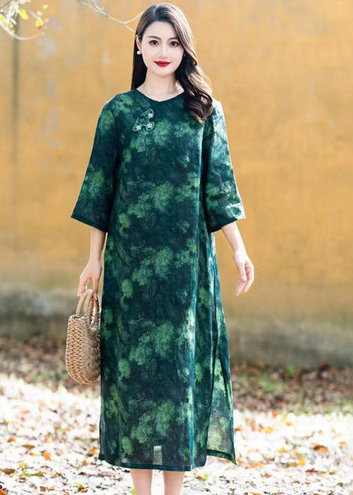 Green Chinese Button Patchwork Linen Long Dress O Neck Summer
