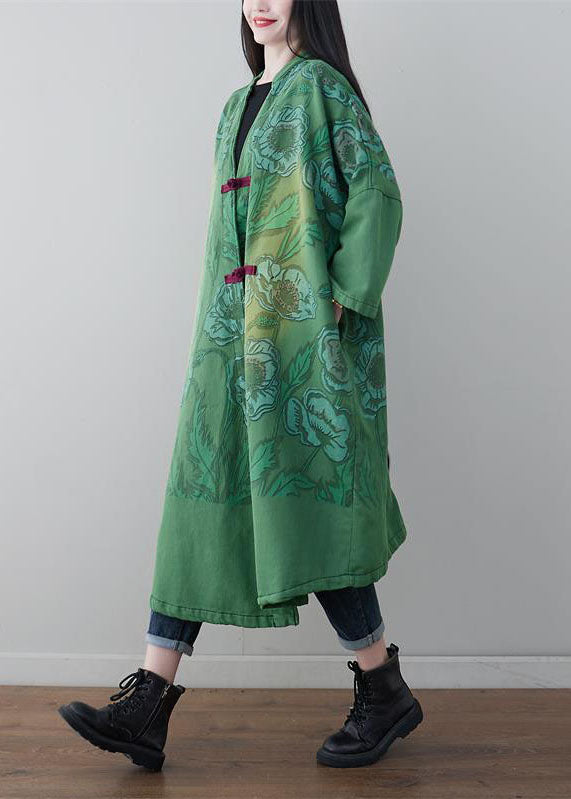Green Chinese Button Print Cotton Coats V Neck Spring