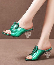 Green Chunky Clear Heels Cowhide Leather Stylish Peep Toe Thong Sandals