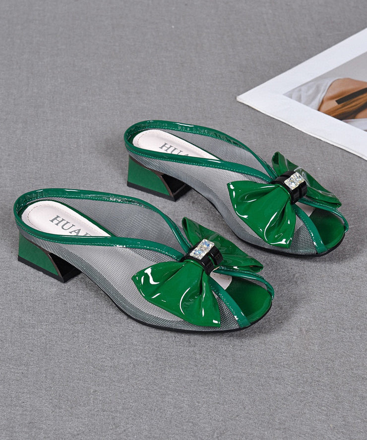 Green Chunky Tulle Fashion Bow Splicing Slide Sandals