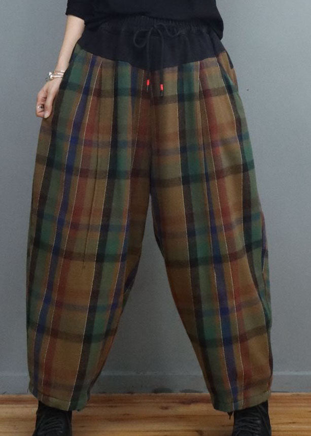 Green Chocolate Plaid Patchwork Fine Cotton Filled Pants Winter