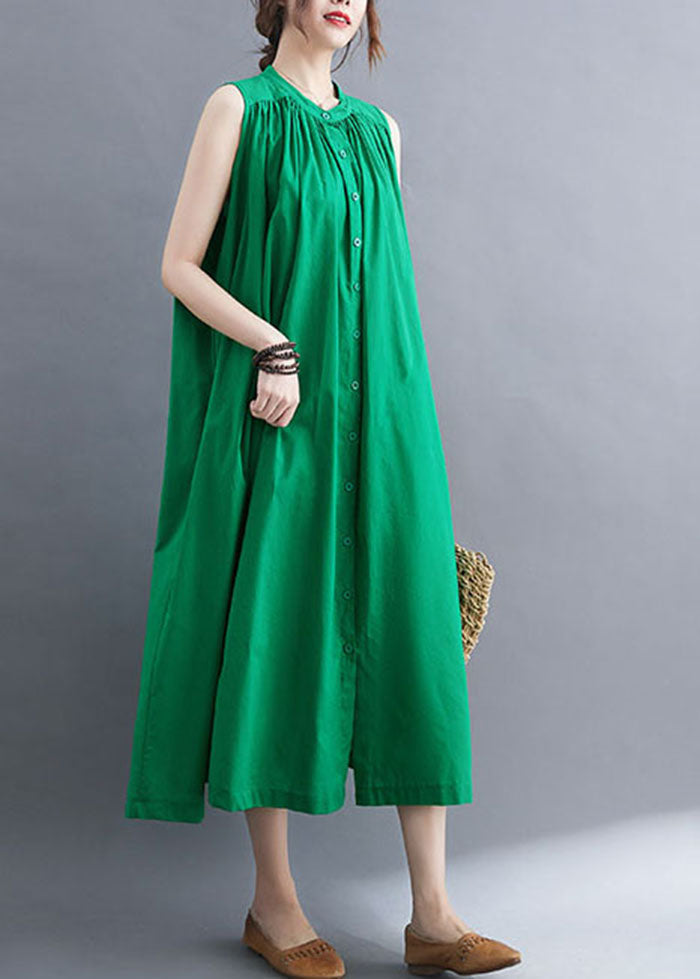 Green Cotton A Line Dress O-Neck Oversized Summer