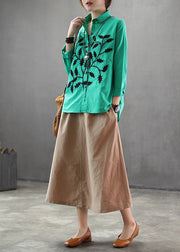 Green Cotton Blouses Turn-down Collar Branch Embroidered Long Sleeve