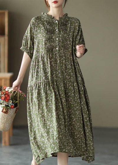 Green Cotton Linen Women Floral Pleated Breasted Short Sleeve Dress - SooLinen