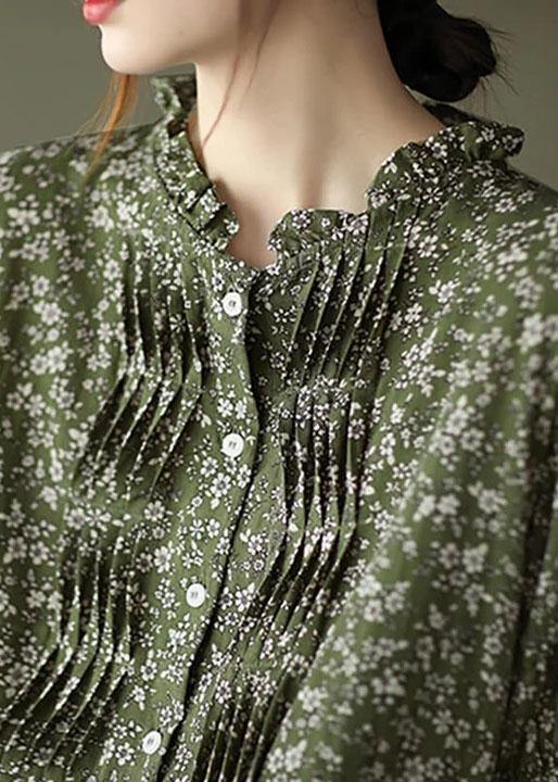 Green Cotton Linen Women Floral Pleated Breasted Short Sleeve Dress - SooLinen