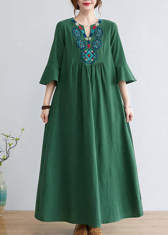 Green Cotton Long Dress Embroidered Exra Large Hem Flare Sleeve