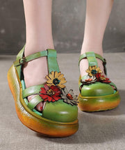 Green Cowhide Leather Buckle Strap Platform Sandals - SooLinen