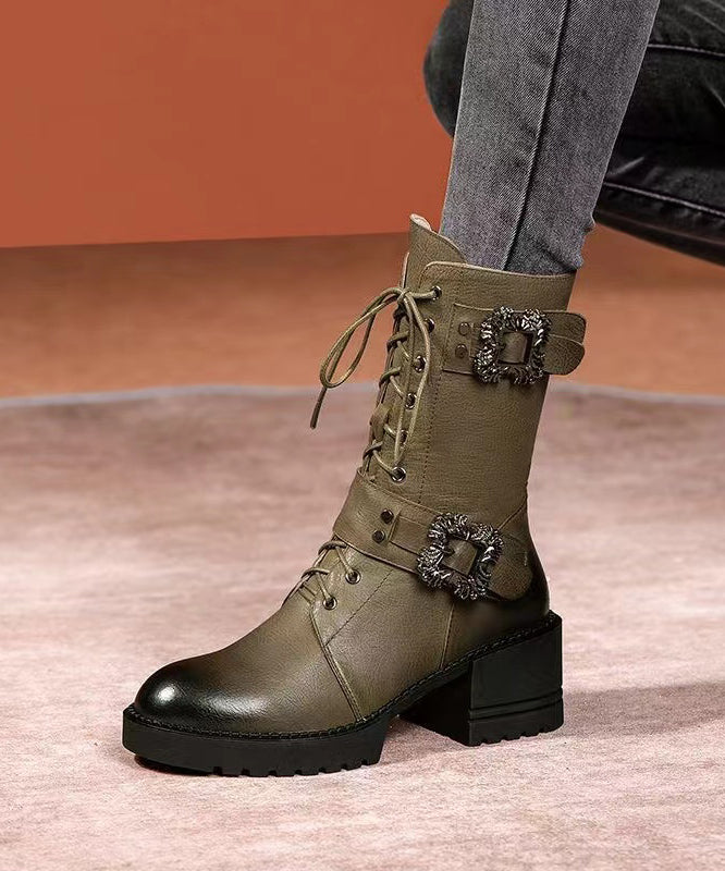 Green Cross Strap Splicing Fashion Chunky Boots