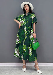 Green Daisy Print Chiffon Shirt Dresses Oversized Pockets Short Sleeve