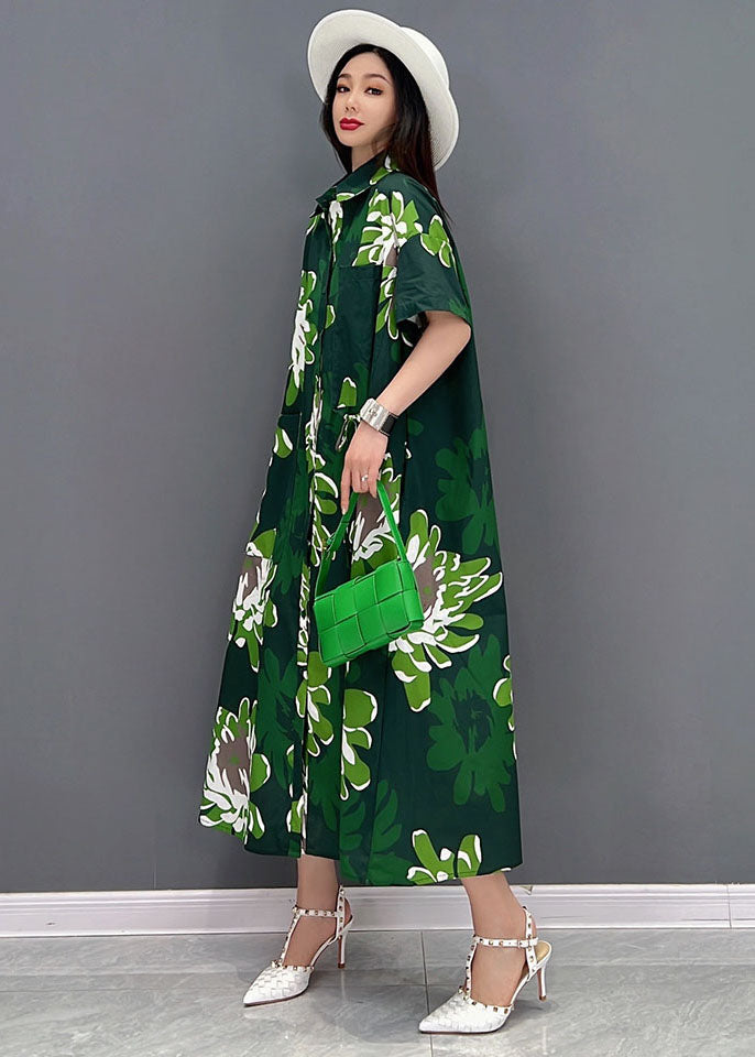 Chiffon-Hemdkleider mit grünem Gänseblümchen-Print, übergroße Taschen, kurze Ärmel