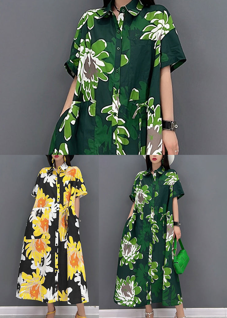 Green Daisy Print Chiffon Shirt Dresses Oversized Pockets Short Sleeve