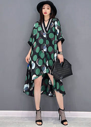 Green Dot Print Patchwork Chiffon Long Dresses Low High Design Short Sleeve