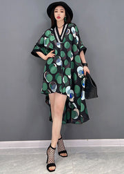 Green Dot Print Patchwork Chiffon Long Dresses Low High Design Short Sleeve