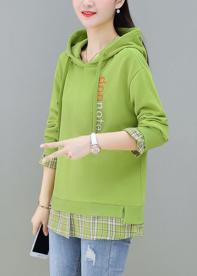 Green Drawstring Fake Two Pieces Hooded Cotton Sweatshirt Long Sleeve