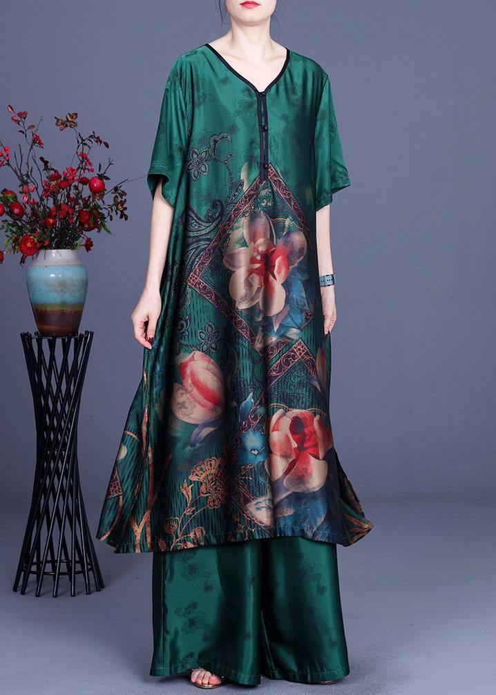 Green Elegant Print Patchwork Summer Silk long shirts + Wide Leg Two Pieces Set - SooLinen